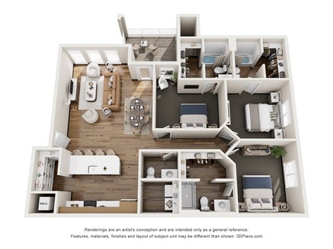 Floor plan for 3 beds, 3.5 baths, 1542 sqft